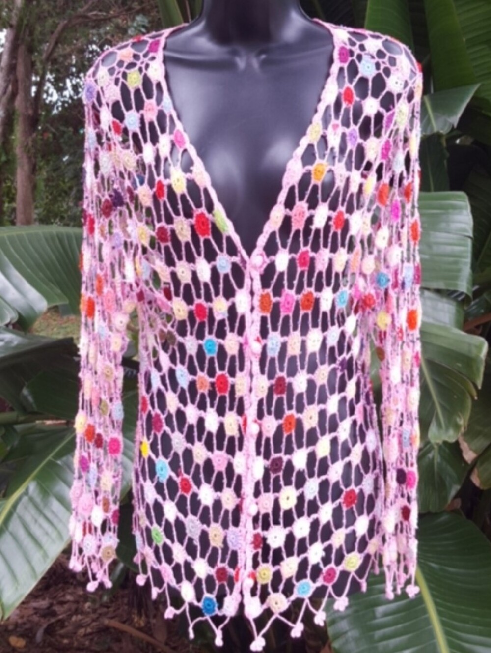 RARE Vintage Barbie Pink Open Knit Beaded Cardigan